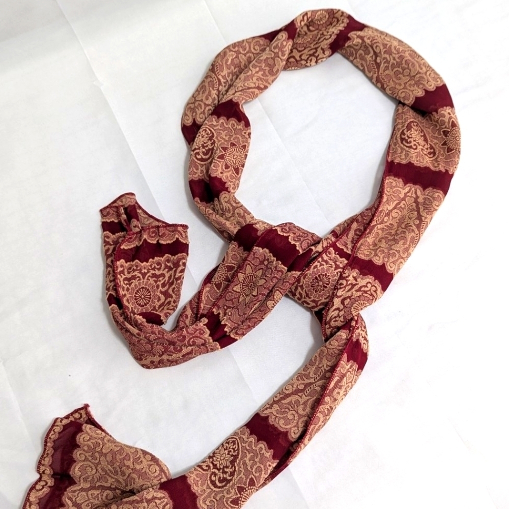 Vintage Echo Abstract Print Oblong Scarf in Burgandy and Tan 10"x62"